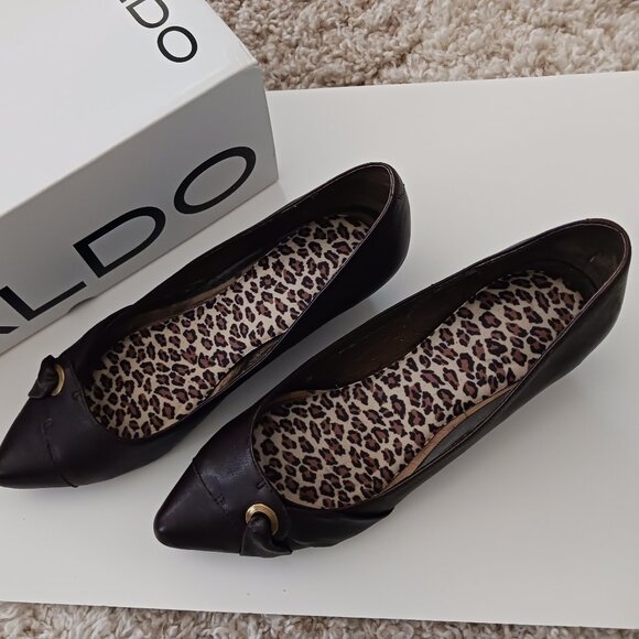 ALDO Rochlin-22 Low Wedge Heel Leather Dress Shoes Brown Size 7/38 B - Picture 1 of 16